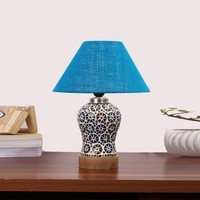 Devansh Conical Turquoise Jute Shade Lamp With Wood & Mosaic Glass Base For Decoration/Office/Home/Gifting/Study For Decoration/Office/Home/Gifting/Study -(10X10X14.5) Inches -A