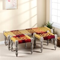 Hamilton Sheesham Wood 2 Seater Maachi Bench Set With 2 Stools In Assorted Multi-Colour Chindi & Yellow Rope Canning