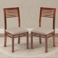 Zella Solid Wood Dining Chair Set Of 2 In Teak Finish With Wheat Brown Colour Fabric