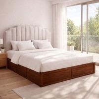 Mooh Solid Wood Queen Size Upholstered Bed With Box Storage (Provincial Teak Finish, Grey Colour)