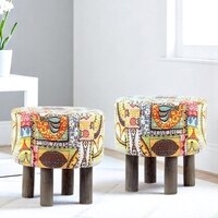 Morgan Acacia Wood Set of 2 Ottoman Pouffees in Israel Print Patchwork Kantha, Antique Grey Finish