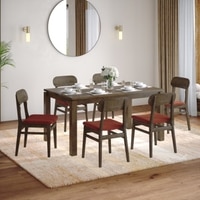 Atlas Solid Wood 6 Seater Dining Table With 6  Lunar Dining Chairs (Finish : Danish Walnut, Chair Colour : Dark Coral)