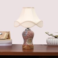 Devansh Off-White Vintage  Cotton Shade Lamp With Wood & Mosaic Glass Base For Decoration/Office/Home/Gifting/Study For Decoration/Office/Home/Gifting/Study