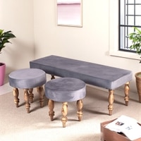Cairo Sheesham Wood Accent 3+1+1 Seater Bench Set With 2 Stools In Iron Grey Velvet