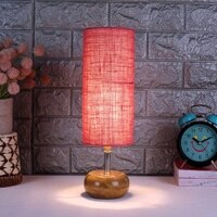 Nikki Pink Natural Fiber Shade Table Lamp with Natural Wooden Base