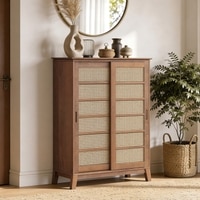 Fujiwara 24 Pair Solid Wood and Cane Shoe Cabinet In Amber Walnut Finish