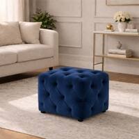 Doe Buck Colchester Velvet Tufted Ottoman Cube in Blue Colour with Wooden Base