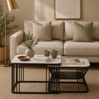 Ora Square Metal Nesting Coffee Table Set Black Finish White Porcelain Top Set Of 2