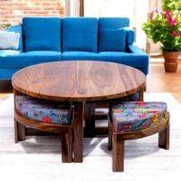 Nashville Sheesham Wood 4 Seater Coffee Table Set In Teak Finish Bird Print Grey Kantha Cushion
