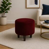 Doe Buck Velvet Round Ottoman Stool in Maroon Colour with Wooden Legs