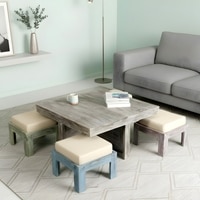 Blane Sheesham Wood Country Side Coffee Table Set With 4 Stools In Antique Multicolour Finish