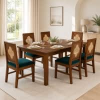 Globally Indian Margaux Solid Sheesham Wood 6 Seater Dining Table Set 6 Chairs Teal Blue