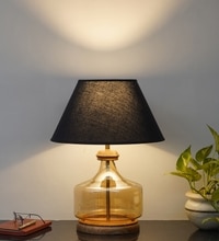 Alexandro Amber Lustere Glass And Wood Table Lamp With Black Cotton Shade