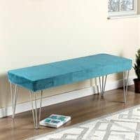 Belmont Sheesham Wood Accent 3 Seater Bench With Metal Legs In Turquoise Sea Velvet