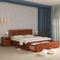 Diamond Box and Drawers Storage King Bed in Honey Finish