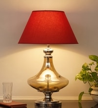 Delicea Smoke Glass And Chrome Finish Metal Table Lamp With Maroon Cotton Shade