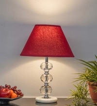 Aspley Chrome Finish Metal Clear Crystal Glass  And White Marble Table Lamp With Maroon Cotton Shade