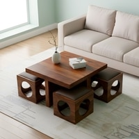 Nordic Sheesham Wood Accent Coffee Table Set With 4 Stools In Provisional Teak Finish