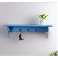 Wooden Wall Shelf with 3 Key Hooks in Blue Colour