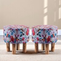 Morgan Acacia Wood Mid-Century Set of 2 Ottoman Pouffees in Grey Bird Print Kantha, Teak Finish