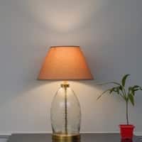 ELVORA Diamond Cut Clear Glass Table Lamp with Brass Base Beige Shade