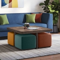 Tetra Square Solid Wood Coffee Table With Seats In Danish Walnut Finish In Multicolour Fabric