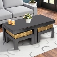 Irish Sheesham Wood Accent Coffee Table Set With 2 Stools In Extra Dark Mahagony Finish With Green Sparkle Velvet Cushions