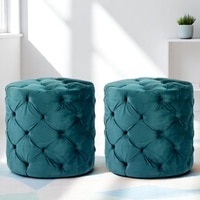 Dallas Pine Wood Accent Set of 2 Ottoman Pouffees in Turquoise Sea Velvet