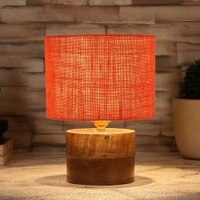 Derenik Orange Jute Table Lamp with Natural Wood Base