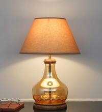 AYANA Brown Wood and Amber Glass Table Lamp with Beige Cotton Shade