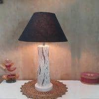 Adams White Handmade Distress wooden Table lamp in Vase design in Rustic Bark finish with Black fabric shade