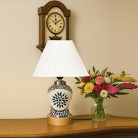 Devansh Off-White Cotton Straight Pleated Shade Lamp With Wood & Mosaic Glass Base For Decoration/Office/Home/Gifting/Study For Decoration/Office/Home/Gifting/Study