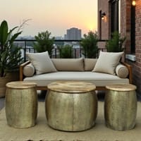 Majestic Round Metal Coffee Table with 2 Stools in Gold Finish Set of 3