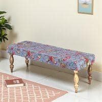 Cairo Solid Wood 2 Seater Bench In Bird Print Grey Kantha Fabric