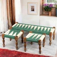 Hamilton Sheesham Wood Maachi Bench Set With 2 Stools In Green & White Rope Canning