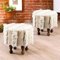 Louisville Acacia Wood Mid Century Round Set of 2 Pouf Stools in Beige Fabric