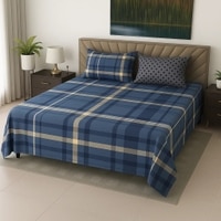 Multicolor Blue Shade Geometric 400 TC Cotton Flat Super King Size Bedsheet With 2 Pilllow Covers