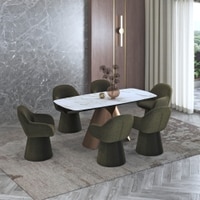 Aeris Ceramic 4 To 6 Seater Extendable Dining Table With 4 Selene Dining Chairs (Finish : Gilded White, Chair Colour : Green)