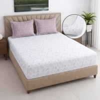 White And Lavender Shade Floral Cotton 400 Tc Fitted Double Queen Size Bedsheet With 2 Pillow Covers