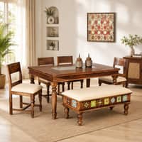 Rangrez Sheesham Wood 6 Seater Dining Set in Provincial Teak Finish with Cushioned Bench
