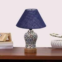 Devansh Conical Blue Jute Shade Lamp With Wood & Mosaic Glass Base For Decoration/Office/Home/Gifting/Study For Decoration/Office/Home/Gifting/Study -(10X10X14.5) Inches -A