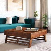 Bradford Sheesham Wood Contemporary Square Foldable Coffee Table In Natural Teak Finish
