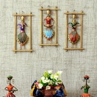 Desert Art Metal Handpainted Lady Musician Wall Hanging Set of 3 in Green Colour