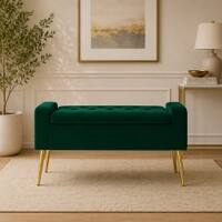 Doe Buck Upholstered Storage Bench in Green Colour with Gold Legs