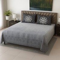 Grey & White Abstract 400 TC Cotton Flat Super King Size Bedsheet With 2 Pilllow Covers