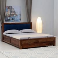 Melba Solid Sheesham Wood  King Size Hydrolic Storage Upholstered  Bed In Provincial Teak Finish
