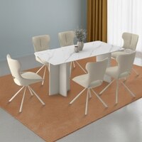 Rosen 6 Seater Chinese Dining Table With Set Of 6 Tulip Dining Chairs (Colour- Beige, Finish- White & Cream)