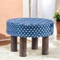 Maple Solid Wood Foot Stool in Indigo Patch Kantha Fabric