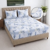 White And Blue Floral Cotton 400 Tc  Fitted  Super King Size Bedsheet With 2 Pillow Covers