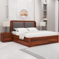 Lotus Solid Wood King  Size Upholstered Bed With Drawer Storage (Honey Oak Finish)